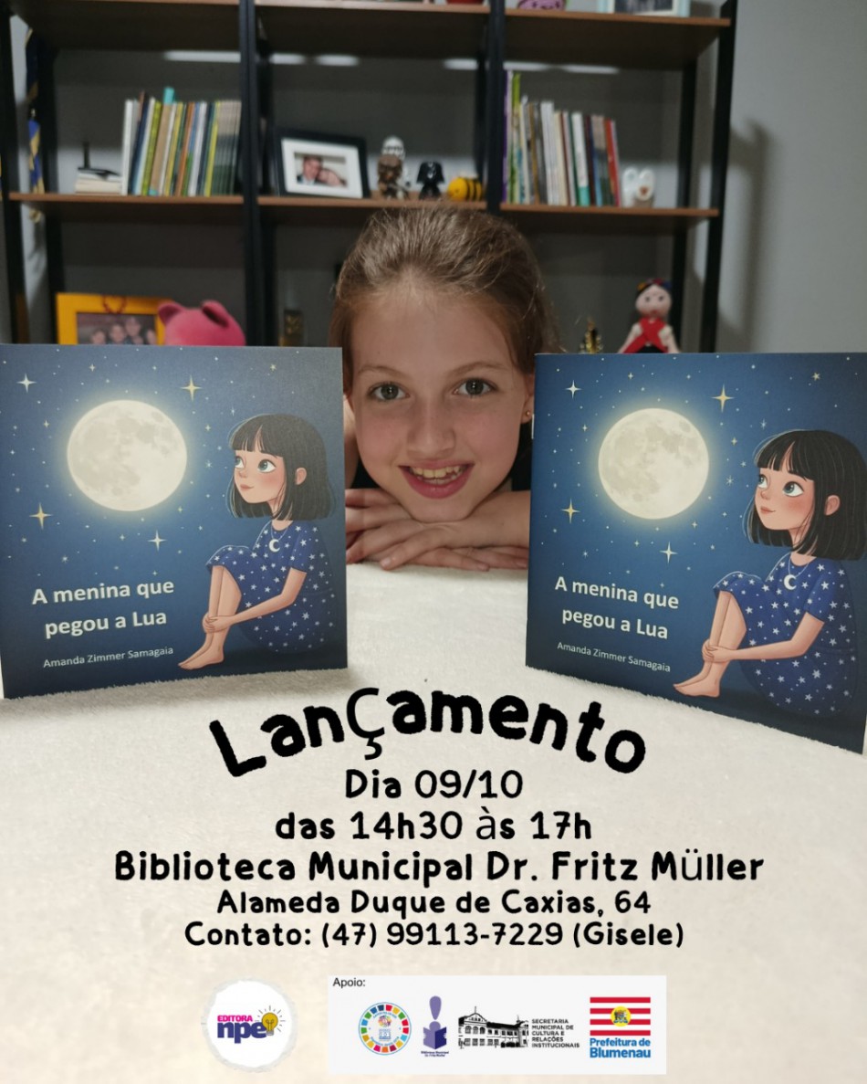 Escritora de 8 anos lança livro na Biblioteca Municipal Dr. Fritz Müller nesta quinta-feira, dia 9